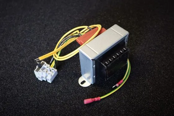 Custom mains transformer with metal case, flying leads, terminal block and spade connectors