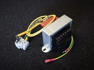 Custom mains transformer with metal case, flying leads, terminal block and spade connectors
